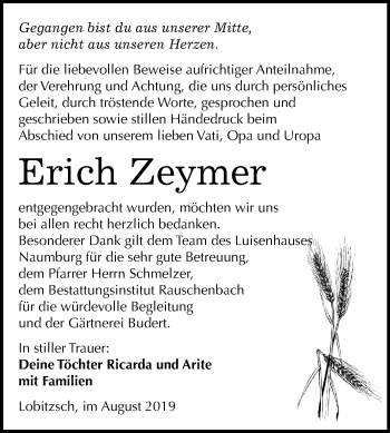 Traueranzeige von Erich Zeymer von Mitteldeutsche Zeitung Weißenfels