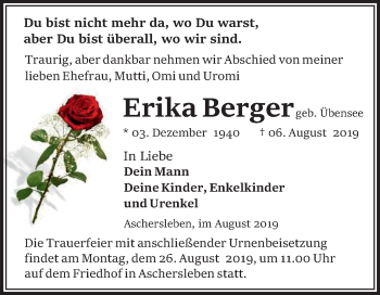 Traueranzeige von Erika Berger von Super Sonntag Aschersleben