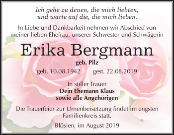 Traueranzeige von Erika Bergmann von Super Sonntag Merseburg/Querfurt