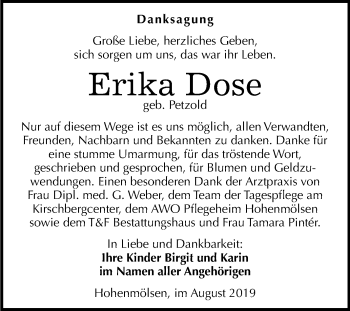 Traueranzeige von Erika Dose von Wochenspiegel Weißenfels