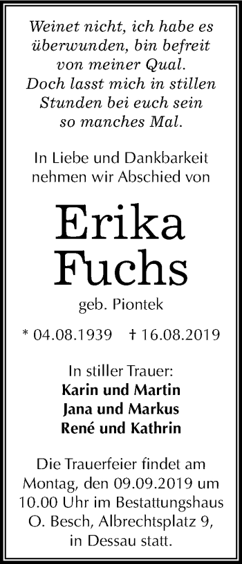 Traueranzeige von Erika Fuchs von Super Sonntag Dessau-Roßlau