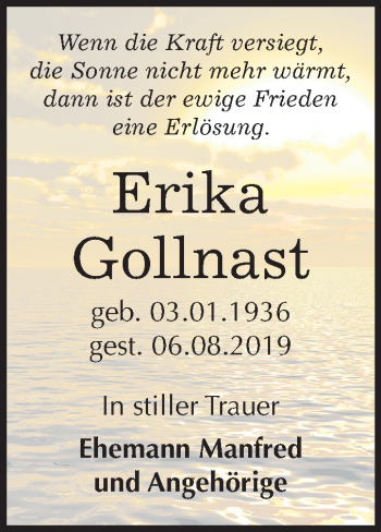 Traueranzeige von Erika Gollnast von Mitteldeutsche Zeitung Halle/Saalkreis