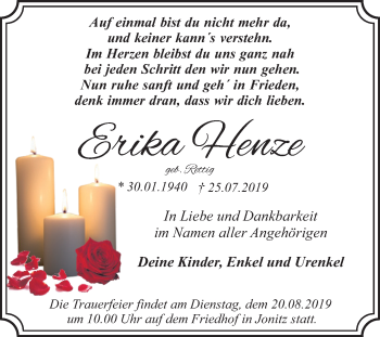 Traueranzeige von Erika Henze von Super Sonntag Dessau-Roßlau