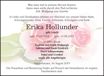Traueranzeige von Erika Hollunder von Mitteldeutsche Zeitung Sangerhausen