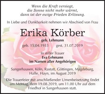 Traueranzeige von Erika Körber von Mitteldeutsche Zeitung Sangerhausen