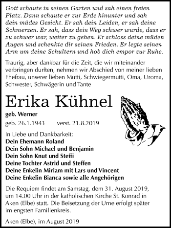 Traueranzeige von Erika Kühnel von Wochenspiegel Köthen