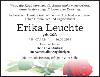 Traueranzeige von Erika Leuchte von Wochenspiegel Bitterfeld