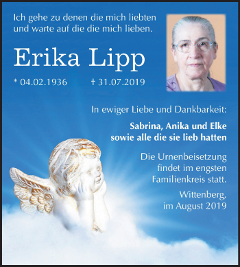 Traueranzeige von Erika Lipp von Mitteldeutsche Zeitung Wittenberg