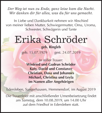 Traueranzeige von Erika Schröder von Wochenspiegel Sangerhausen