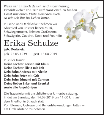 Traueranzeige von Erika Schulze von Super Sonntag Wittenberg