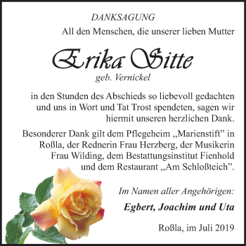 Traueranzeige von Erika Sitte von Super Sonntag Sangerhausen