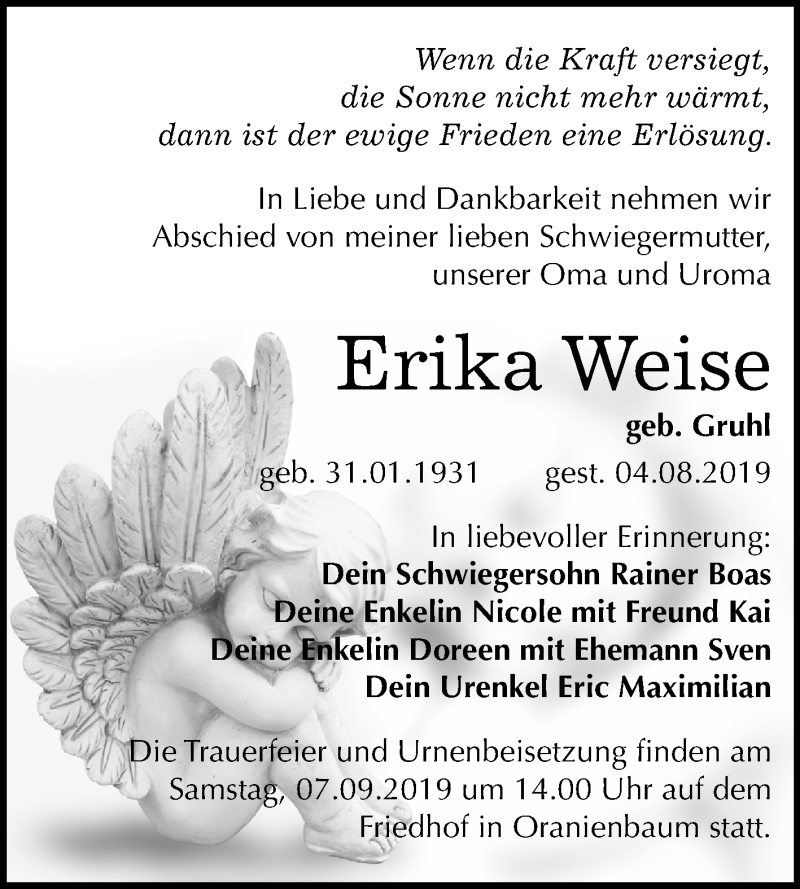 Traueranzeigen von Erika Weise www.abschiednehmen.de