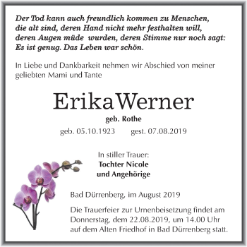 Traueranzeige von Erika Werner von Super Sonntag Merseburg/Querfurt