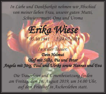 Traueranzeige von Erika Wiese von Mitteldeutsche Zeitung Aschersleben