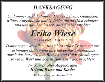 Traueranzeige von Erika Wiese von Super Sonntag Aschersleben