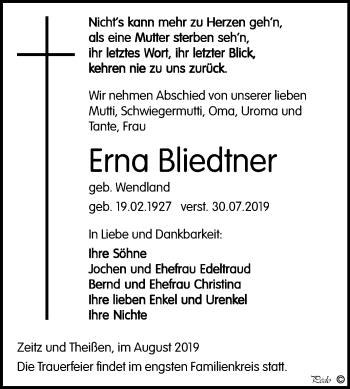 Traueranzeige von Erna Bliedtner von Super Sonntag Zeitz