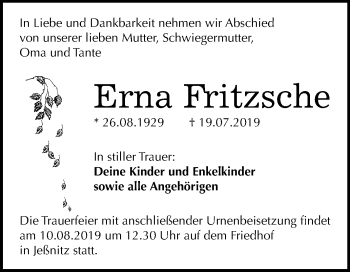Traueranzeige von Erna Fritzsche von Mitteldeutsche Zeitung Bitterfeld