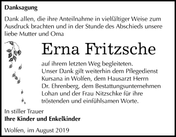 Traueranzeige von Erna Fritzsche von Mitteldeutsche Zeitung Bitterfeld