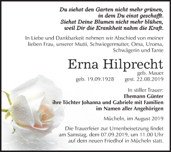 Traueranzeige von Erna Hilprecht von Mitteldeutsche Zeitung Merseburg/Querfurt