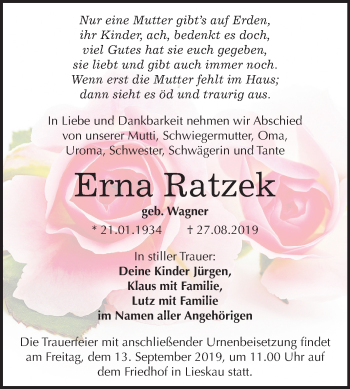 Traueranzeige von Erna Ratzek von Mitteldeutsche Zeitung Halle/Saalkreis