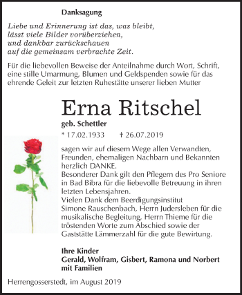 Traueranzeige von Erna Ritschel von Wochenspiegel Naumburg/Nebra