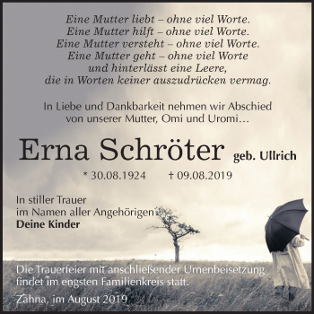 Traueranzeige von Erna Schröter von Super Sonntag Wittenberg