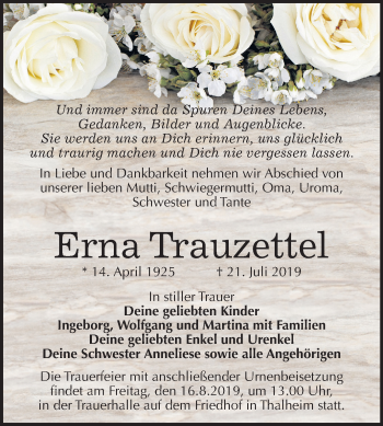 Traueranzeige von Erna Trauzettel von Wochenspiegel Bitterfeld