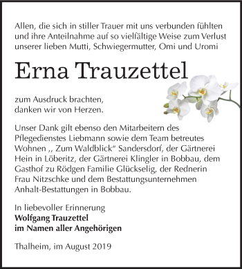 Traueranzeige von Erna Trauzettel von Mitteldeutsche Zeitung Bitterfeld