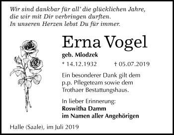 Traueranzeige von Erna Vogel von Mitteldeutsche Zeitung Halle/Saalkreis