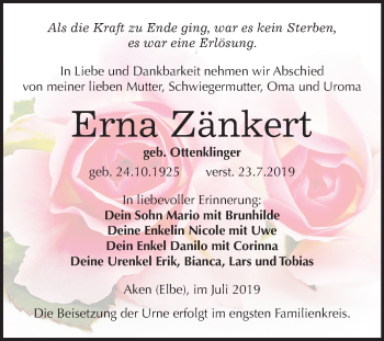 Traueranzeige von Erna Zänkert von Super Sonntag Köthen