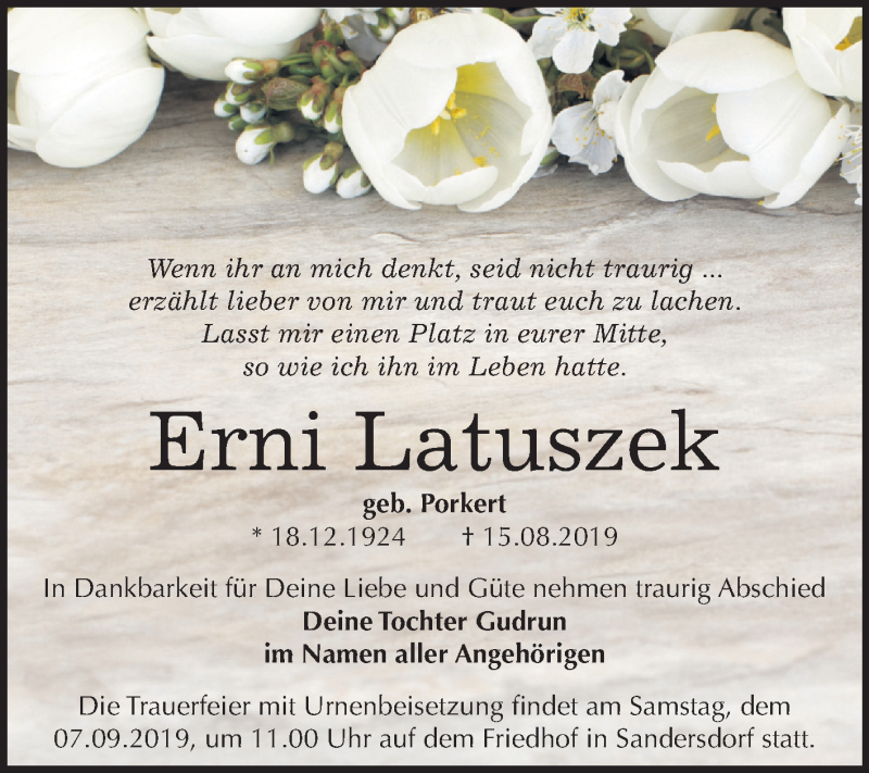  Traueranzeige für Erni Latuszek vom 31.08.2019 aus Mitteldeutsche Zeitung Bitterfeld
