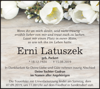 Traueranzeige von Erni Latuszek von Mitteldeutsche Zeitung Bitterfeld