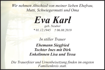 Traueranzeige von Eva Karl von Mitteldeutsche Zeitung Wittenberg