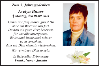 Traueranzeige von Evelyn Bauer von Super Sonntag Naumburg/Nebra