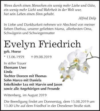 Traueranzeige von Evelyn Friedrich von Mitteldeutsche Zeitung Wittenberg
