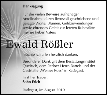 Traueranzeige von Ewald Rößler von Super Sonntag Köthen