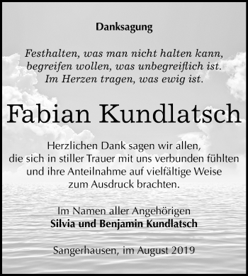 Traueranzeige von Fabian Kundlatsch von Mitteldeutsche Zeitung Sangerhausen