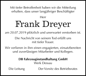 Traueranzeige von Frank Dreyer von Mitteldeutsche Zeitung Bitterfeld