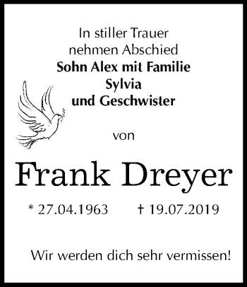Traueranzeige von Frank Dreyer von Wochenspiegel Bitterfeld