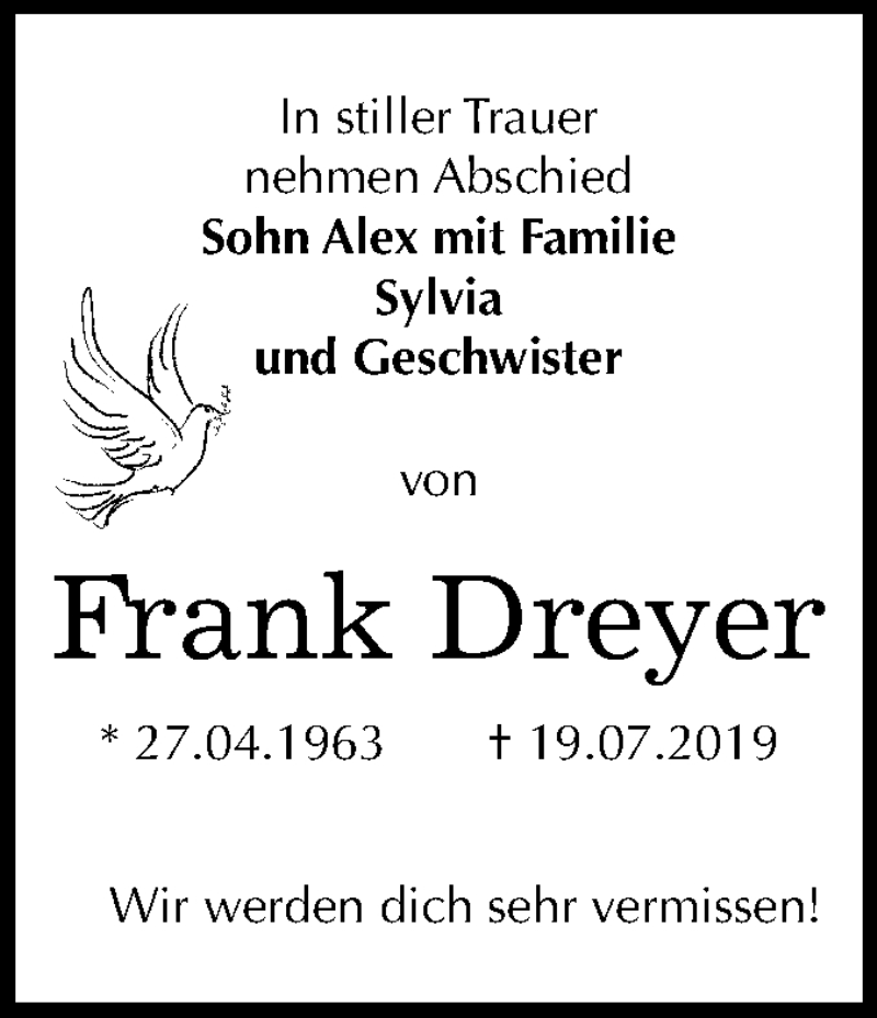  Traueranzeige für Frank Dreyer vom 07.08.2019 aus Wochenspiegel Bitterfeld