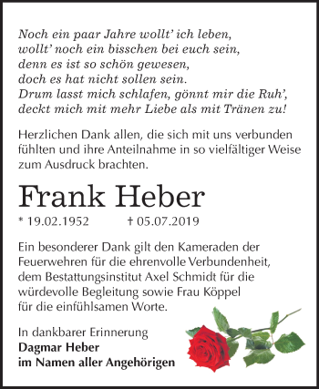 Traueranzeige von Frank Heber von Wochenspiegel Naumburg/Nebra