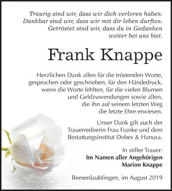 Traueranzeige von Frank Knappe von Mitteldeutsche Zeitung Bernburg