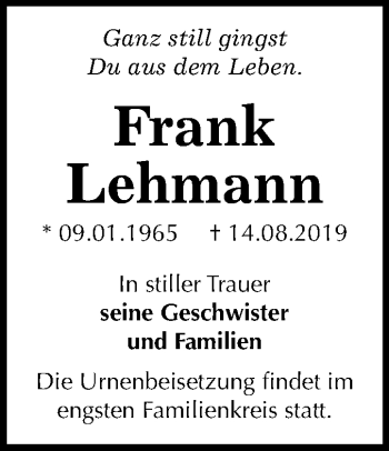 Traueranzeige von Frank Lehmann von Super Sonntag Aschersleben / Bernburg