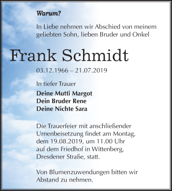 Traueranzeige von Frank Schmidt von Mitteldeutsche Zeitung Wittenberg