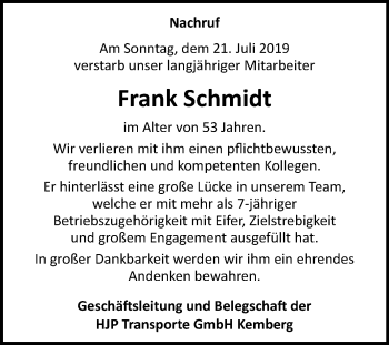 Traueranzeige von Frank Schmidt von Super Sonntag Wittenberg