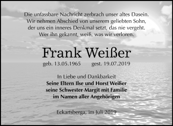 Traueranzeige von Frank Weißer von Wochenspiegel Naumburg/Nebra