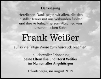 Traueranzeige von Frank Weißer von Wochenspiegel Naumburg/Nebra
