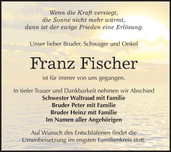 Traueranzeige von Franz Fischer von Super Sonntag Wittenberg