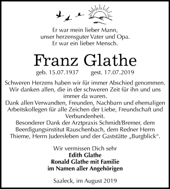 Traueranzeige von Franz Glathe von Mitteldeutsche Zeitung Naumburg/Nebra