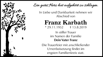 Traueranzeige von Franz Karbath von Super Sonntag Dessau-Roßlau